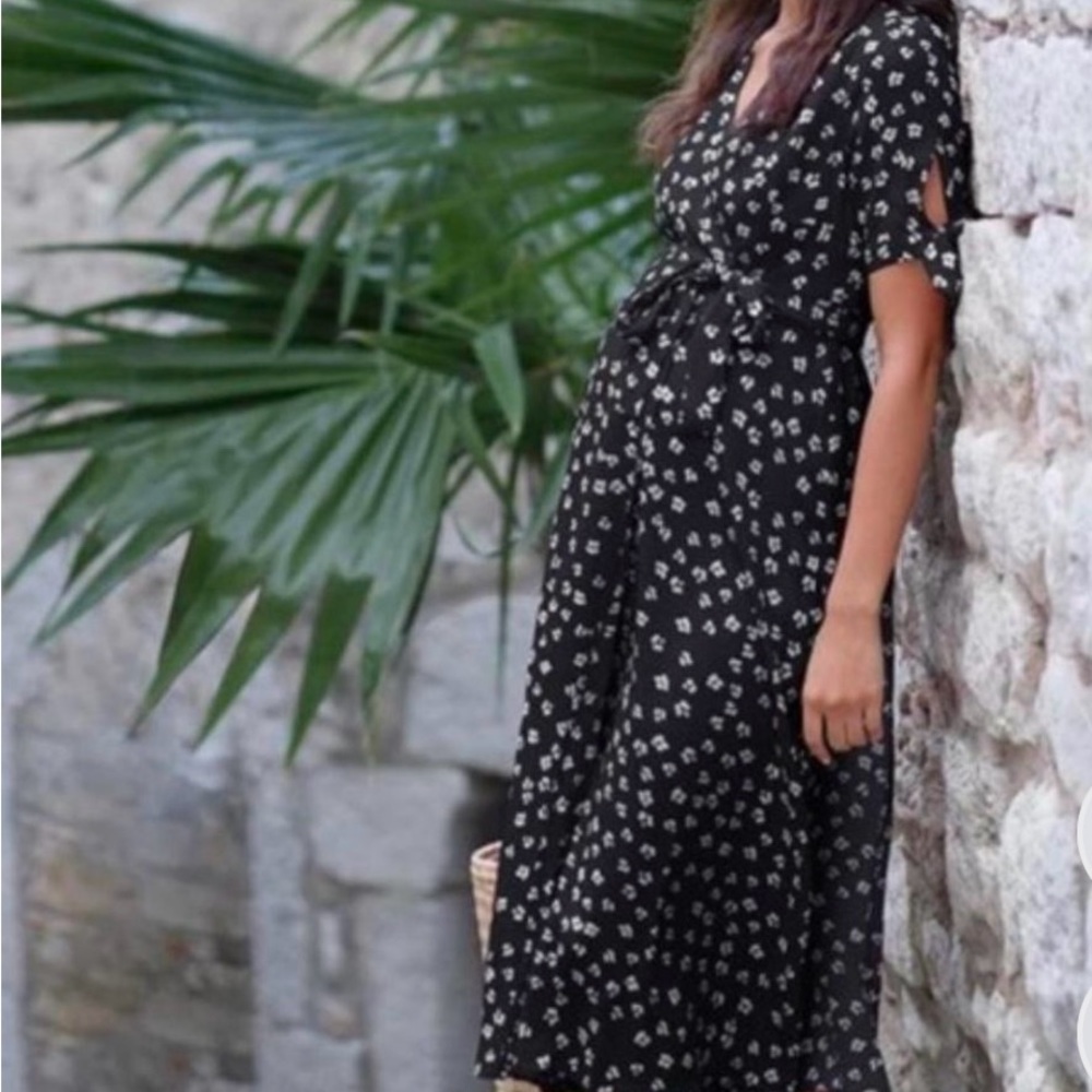 Seraphine Maternity Black Floral Wrap Dress, size 2